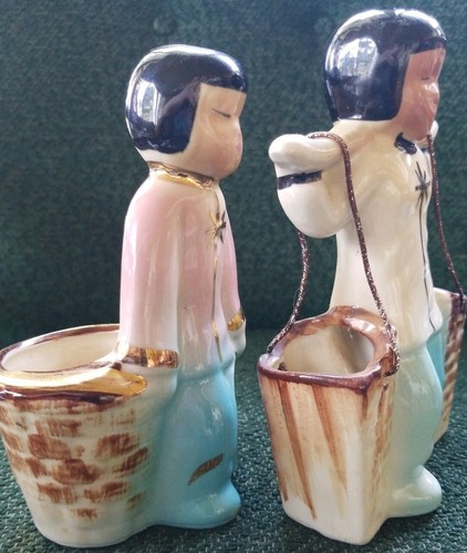 Vtg Asian Couple Planters * Carrying Baskets * Yoke * Hand Painted - Picture 7 of 10