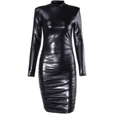 Femme Moulant PU Cuir Robe Courte Froncé Col Roulé Avec Protection Épaule Sexy