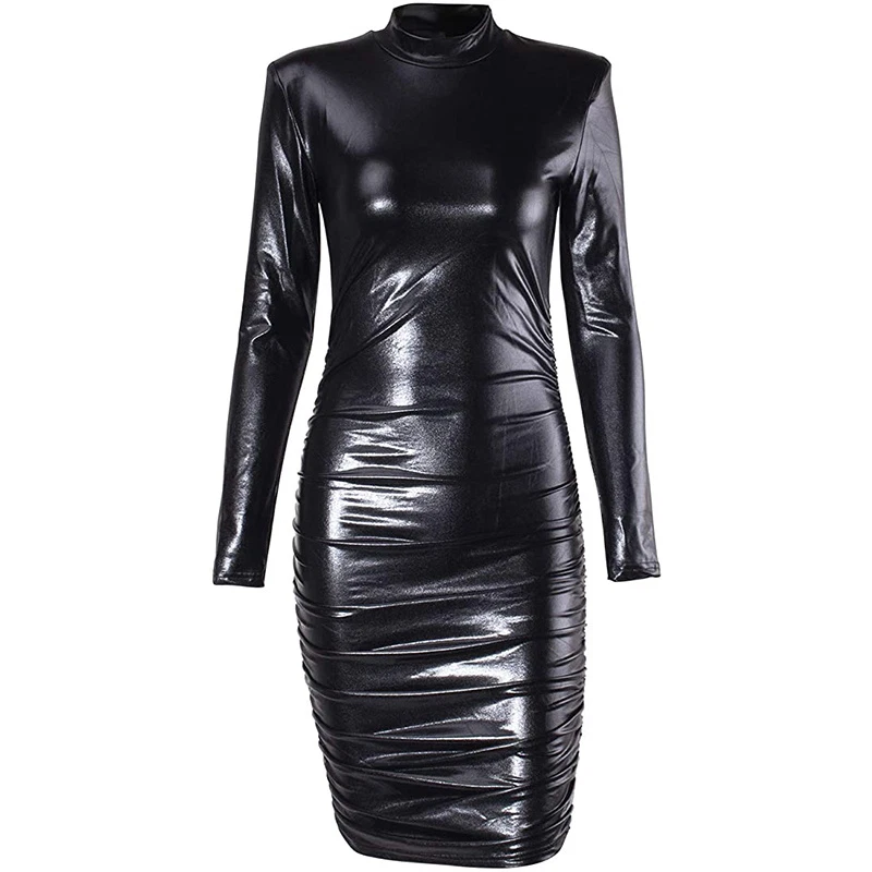 Femme Moulant PU Cuir Robe Courte Froncé Col Roulé Avec Protection Épaule Sexy - Photo 1/4