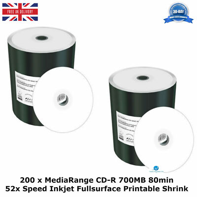 200 x MediaRange CD-R 700MB 80min 52x Speed Inkjet Fullsurface Printable Shrink