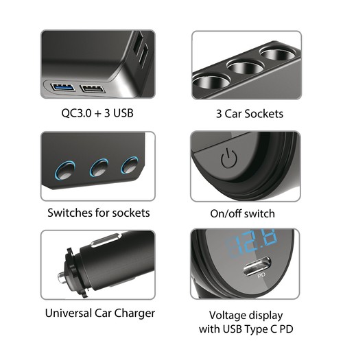 USB Zapalniczka samochodowa Gniazdo Rozdzielacz Potrójny adapter Ładowarka 12V 24V 4x Gniazda USB - Zdjęcie 10 z 10