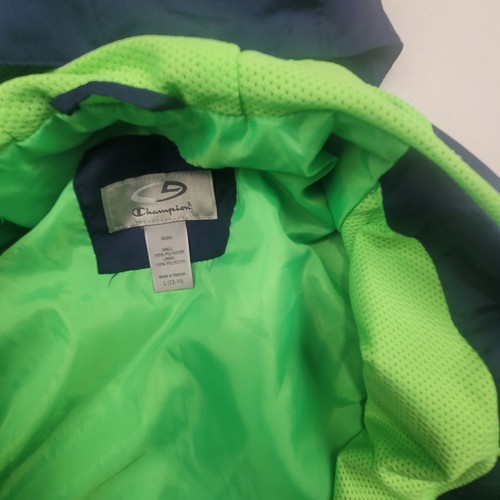 Champion Boys Hooded Jacket Size L 12-14 Blue Windbreaker Neon Green Lined Coat - Picture 7 of 11