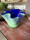 Ruffled Handkerchief Vase Murano-Style Green & Blue Vintage Hand Blown Glass