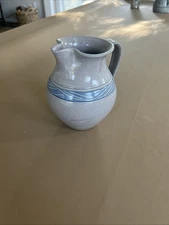 Antique Jugtown Ware Ceramic Pitcher, 6.25 Inches, Gray W/ Blue Stripe