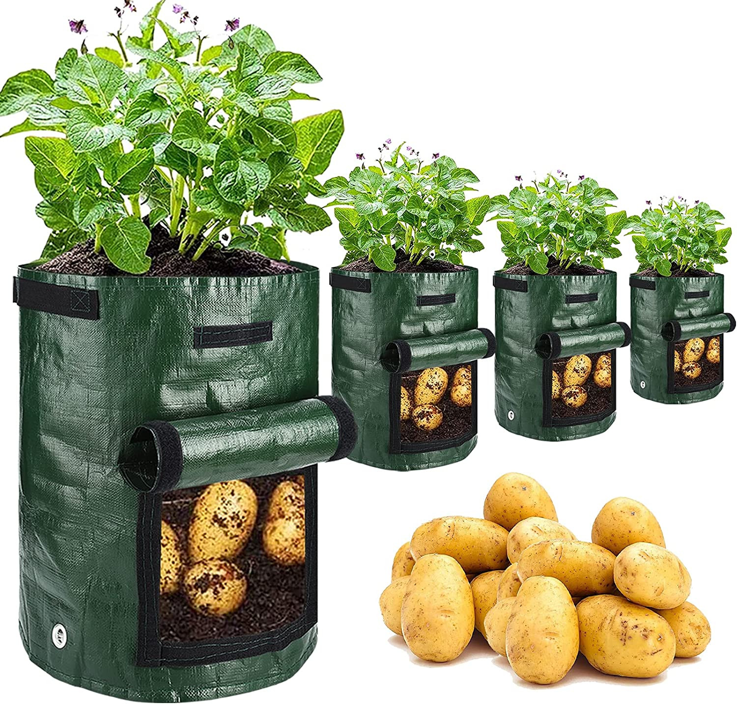Jjgoo Potato Grow Bags, 4 Pack 10 Gallon with Flap and Handles Planter Pots 