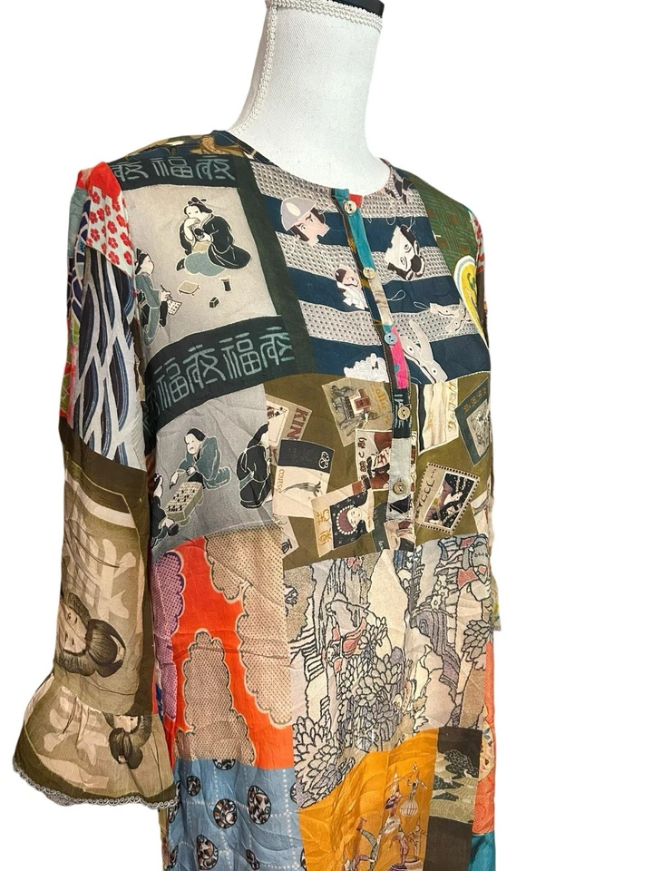 Johnny Was Vera Tunic Size S Cupra Rayon Patchwork Split Neck $240 Sheer Chic - Image 2 of 4