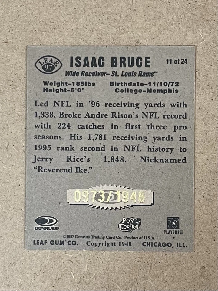 1997 LEAF - REPRODUCTION 48’ #11 ISAAC BRUCE  #D 973/1948 - Image 2 of 2