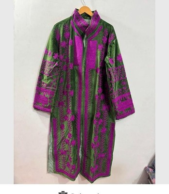 Green Suzani Embroidered Long Velvet Coat, Handmade Indian Boho Jacket, Ethnic