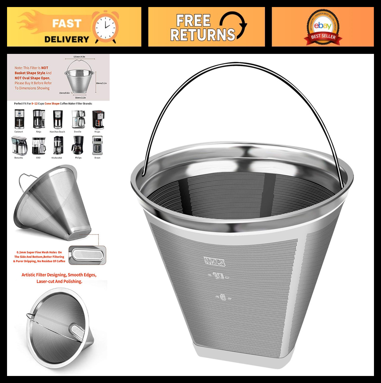 Reusable Permanent Cone Coffee Filters - Size 4 for 8-12 Cup Coffee Makers, Eco-