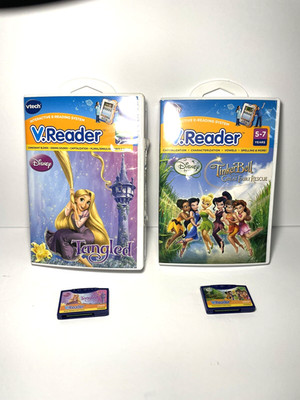 V-Tech V.Reader Interactive E Reading system games-(2 games) Tinkerbell- Tangled