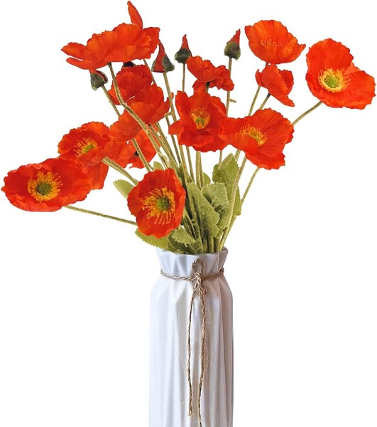 KüNstliche Mohnblumen 5 StüCk Lange Stiele Orange Dekoration FüR Haus Hochzeit-image