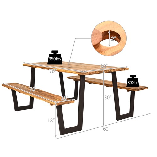 70" Camping Table Set Outdoor Dining Table Bench Set w/ Umbrella Hole Patented - Picture 2 of 5