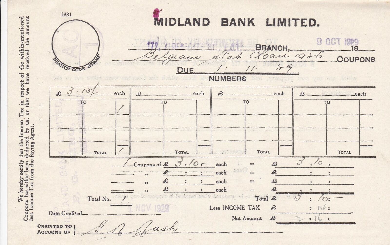 MIDLAND BANK LIMITED,1929 Aldersgate Branch Belgian Loan Coupons Receipt Rf45925