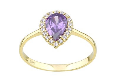 Cluster-Ring 9 kt Gelbgold natürlicher Amethyst und CZ Halo von Citerna