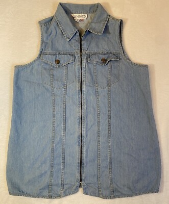Vintage Long Denim Vest Zip Up Made In USA Motherhood Size M