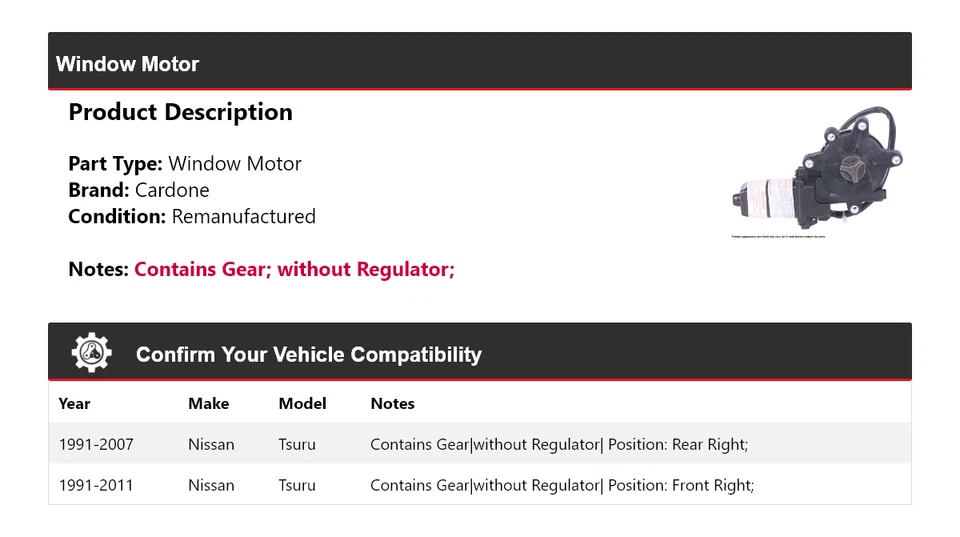 For 1991-2011 Nissan Tsuru Window Motor Cardone 1992 1993 1994 1995 1996 1997 - Image 2 of 4