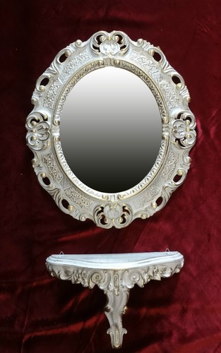 Wandspiegel + Konsole OVAL Wandkonsole SET BAROCK Antik 44x38 WEIß GOLD 1 - Picture 3 of 11