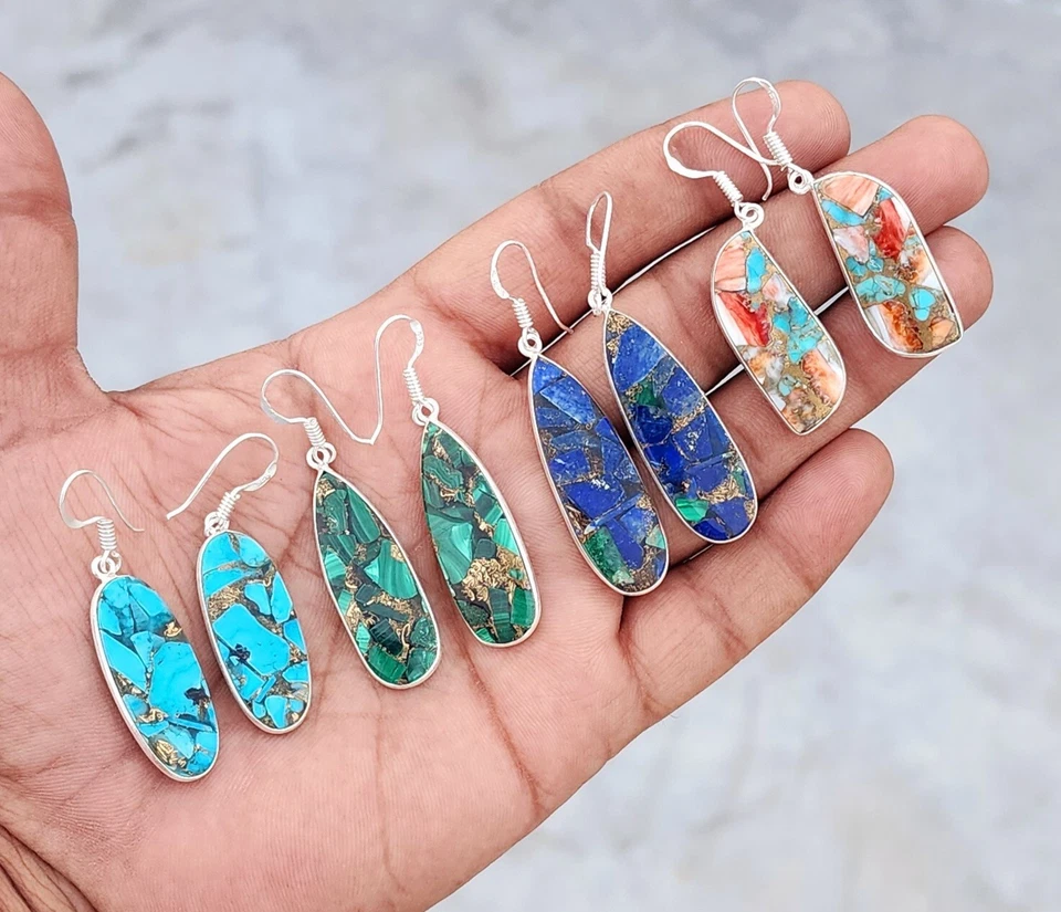 Copper Turquoise Gemstone Handmade Bezel Earrings For Women Jewelry - Image 4 of 4