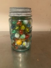 Antique Atlas Strong Shoulder Mason Jar of Marbles - Ex