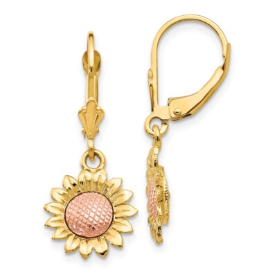 Echte 14kt bicolor polierte Sonnenblume Ohrhänger Ohrhänger