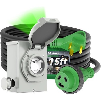 30 Amp Generator Inlet Box and 30Amp RV Extension Cord 15FT Waterproof Combo Kit