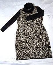 Calvin Klein Womens Sweater Dress Leopard Print Black Long Sleeve Turtleneck Kni
