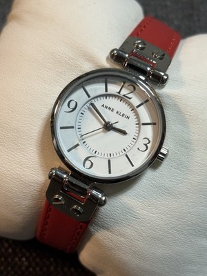 Anne Klein Women Watch Silver Tone Ladies Red Leather Band Untested