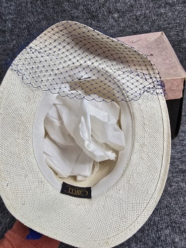 Career Collection Womens Vintage Hat Brimmed Beige Blue Ribbon w Original Box - Picture 6 of 11