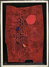 HAKU MAKI RED POEM-B ORIGINAL WOOD BLOCK PRINT WITH EMBOSSING WOODCUT 3/50