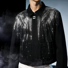 New Men Luxury Diamond Rhinestones Denim Black Jeans Jacket High Quality