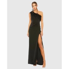 Mac Duggal 68456 Black One Shoulder Feather Trim Ruched Maxi Gown Mens Size 2