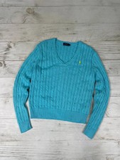 Vintage Polo Ralph Lauren Cable Knit Sweater V-Neck Women Size L Turquoise