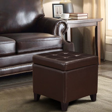 Small 18" Brown Faux Leather Storage Ottoman Square Tufted Cube Footstool Seat