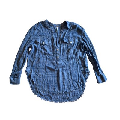 Free People Talk To Me Boho Blue Gauze Plaid Henley Frayed Hem Tunic Top Medium