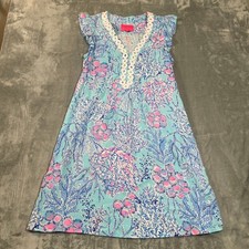 Lilly Pulitzer Women's Dress Small Aqua Pink Coral Print V Neck Flutter Sleeve