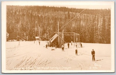 Postcard Spout Springs Oregon Lodge Skiers Snow Trees 1930s RPPC Vtg
