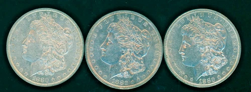 1880 P-O-S (3) US Silver Dollars - Raw, XF