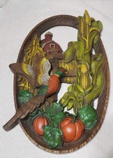 Vintage 1974 Burwood Products Plastic Wall Plaque Pheasant Farm Vegetables #1008