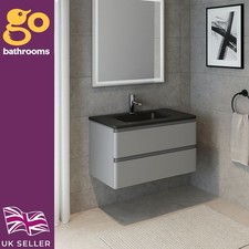 900mm Grey Gloss Vanity Unit Wall Hung Bathroom Grey Glass Basin 2 Drawer