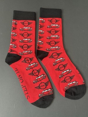 MINI COOPER CAR STEP ON IT Pair Of Red/ Black Novelty Knit Socks Adult Size NWOT