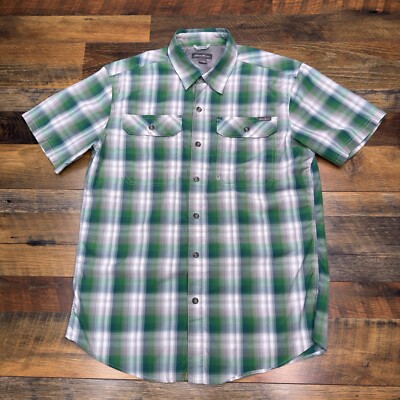 Eddie Bauer Shirt Mens Medium Green Gray Plaid Zip Pocket Outdoor Button Up