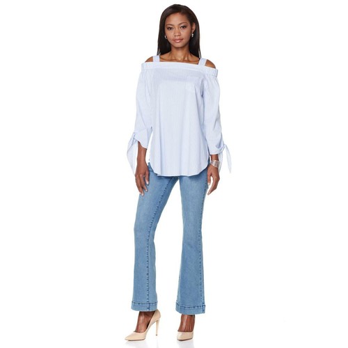 DG2 by Diane Gilman Pinstripe Stretch Poplin Off-the-Shoulder Top 468147-(K-5) - Picture 5 of 7