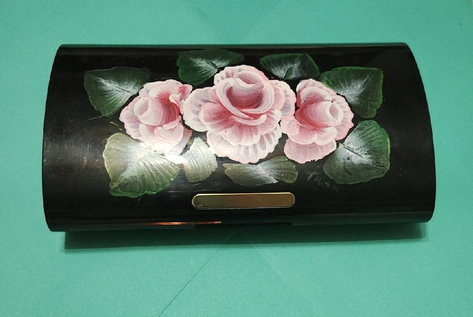 Estee Lauder New York VINTAGE Brown Lucite Acrylic Clutch Case Handpainted roses - Image 3 of 4