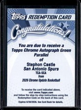 2025-26 Topps Chrome Black Stephon Castle Auto Green Refractor #/99 Spurs