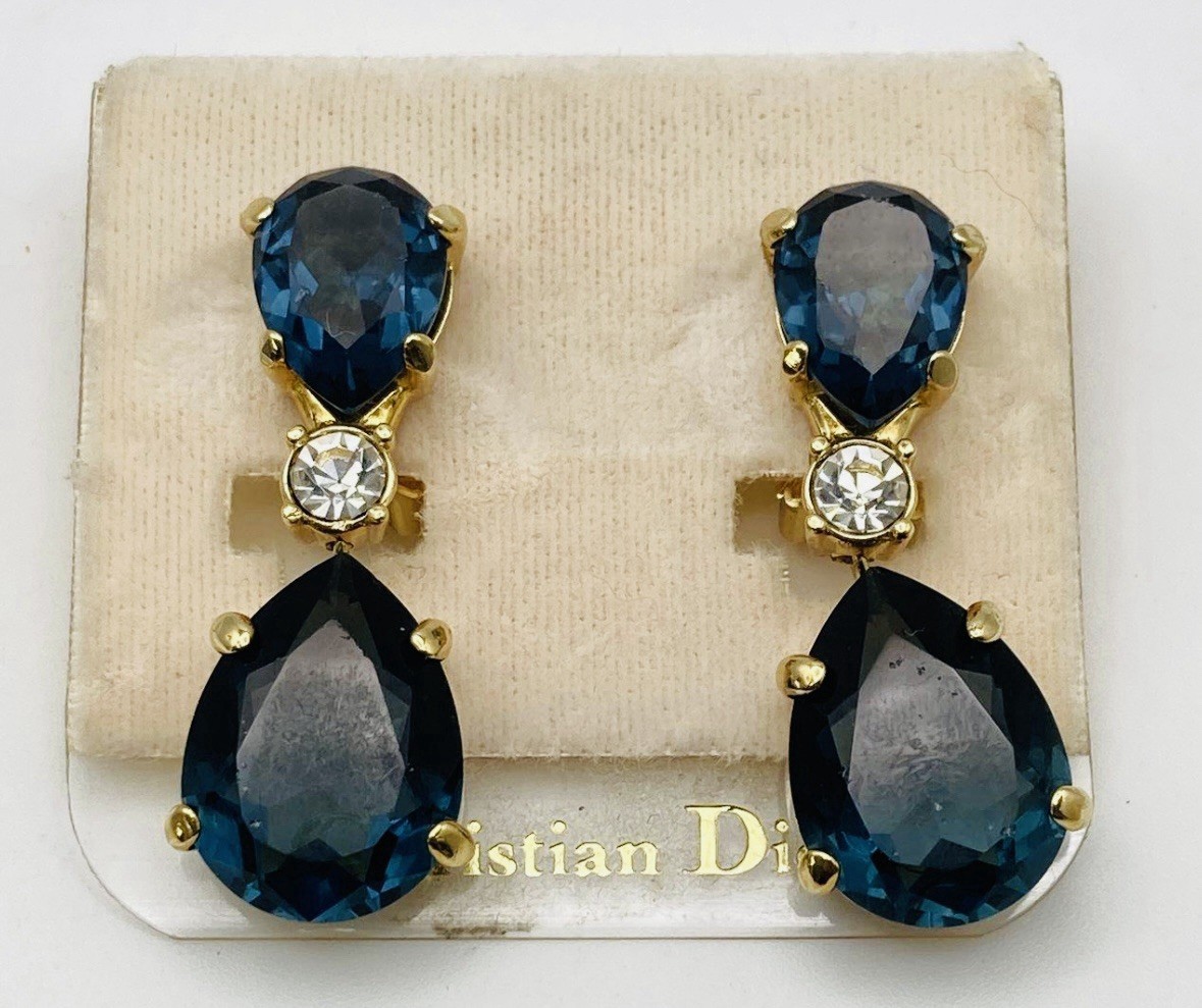 Vintage Christian Dior Clip-On Earrings Faux Sapphire Blue Gold Tone Dangle