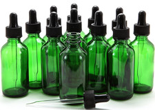 , 12, Green, 2 Oz Glass Bottles, with Glass Eye Droppers