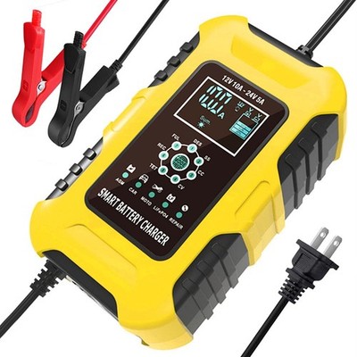12V/24V 10-Amp Car Battery Quick Charger for Wet/GEL/SLA/LiFePO4/Lead-Acid/AG...