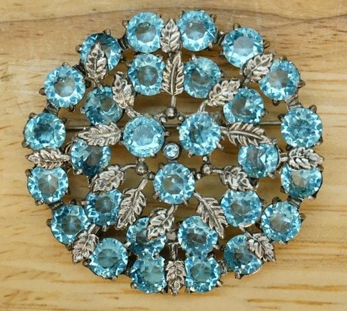 Vintage Rhinestone Costume Jewelry Pale Blue Leaf Cluster Cushion Brooch Pin