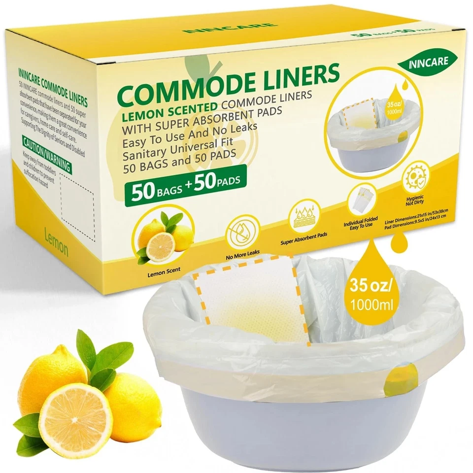 ININCARE Commode Liners with Absorbent Pads for Bedside Commode, 50 Lemon | UK