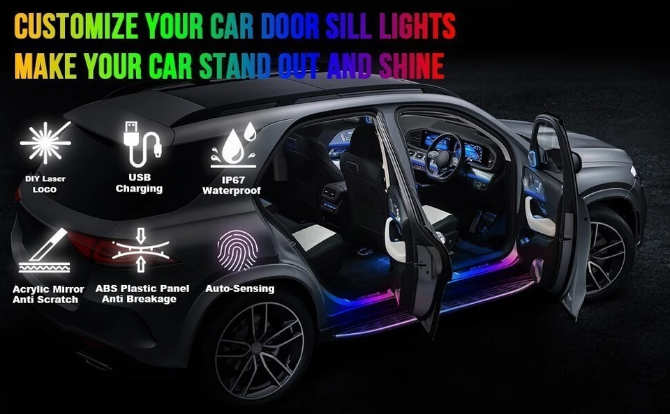 Luz LED dinámica USB recargable personalizada para alféizar de puerta de coche luz de pedal magnético Foto 3 de 4